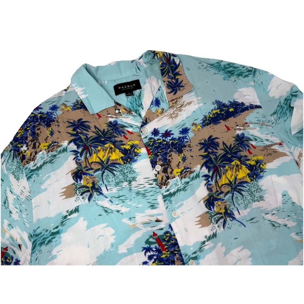 Pacsun Hawaiian Shirt Men's Large Blue White Button Up Short Sleeve Rayon Summer